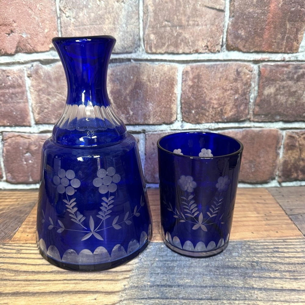 Vtg "Tumble Up" Bohemian Cut to Clear Cobalt Blue Bedside Decanter & Tumbler MCM